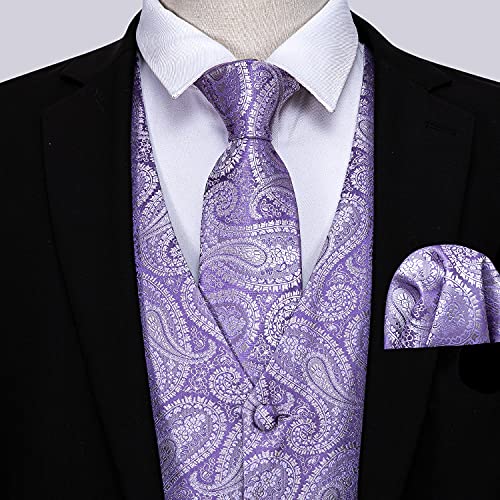 Barry.Wang Formal Men Dress Vest Matched Paisley Tie Set Suit Waistcoat Wedding 5PCS Light Purple