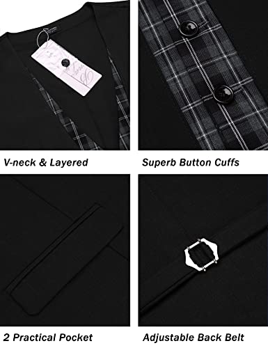 COOFANDY Men's Business Suit Vest Layered Plaid Dress Vest Waistcoat for Wedding,Party Black