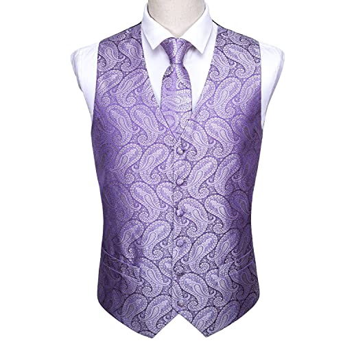 Barry.Wang Formal Men Dress Vest Matched Paisley Tie Set Suit Waistcoat Wedding 5PCS Light Purple