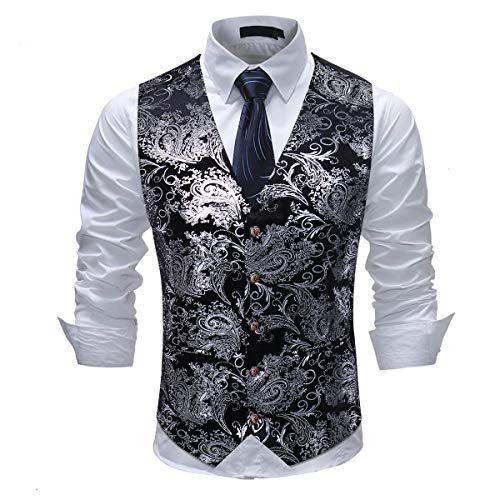 Cloudstyle Mens Single Breasted Vest Dress Vest Slim Fit Button Down Prom Formal Suit Vest Waistcoat,Floral - Silver,Small