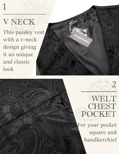 COOFANDY Suit Vest for Men Black Paisley Floral Victorian Vests Steampunk Gothic Waistcoat for Prom Party Tuxedo, Black, L