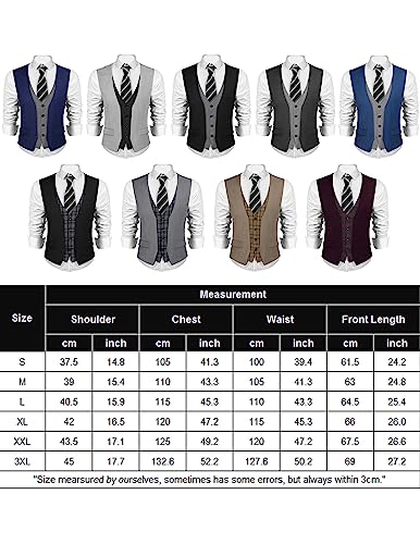 COOFANDY Men's Business Suit Vest Layered Plaid Dress Vest Waistcoat for Wedding,Party Black
