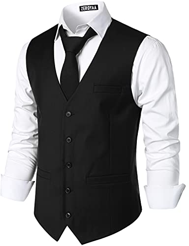 ZEROYAA Men's Hipster Urban Design 3 Pockets Business Formal Dress Vest for Suit Tuxedo ZLSV16 Black Small