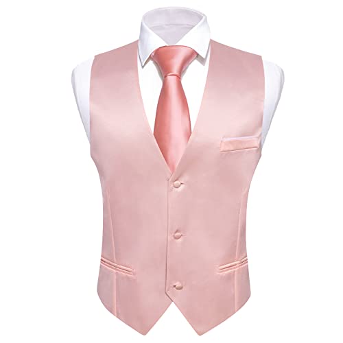 Barry.Wang Mens Pink Satin Suit Vest Formal/Leisure V-neck 2 Pockets Wedding Party Tuxedo Waistcoat