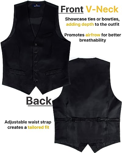 boxed-gifts UMO Lorenzo Men Formal Suit Vest, Polly Twill Vest with Adjustable Waistband. Black, Medium