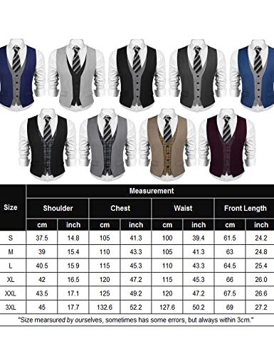 COOFANDY Men's Business Suit Vest Layered Plaid Dress Vest Waistcoat for Wedding,Party Black