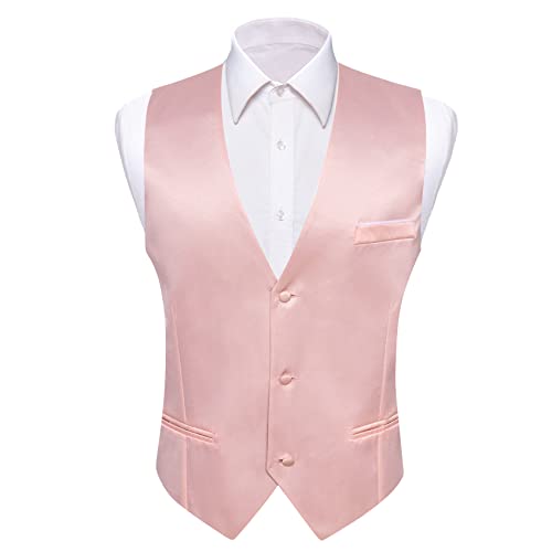 Barry.Wang Mens Pink Satin Suit Vest Formal/Leisure V-neck 2 Pockets Wedding Party Tuxedo Waistcoat