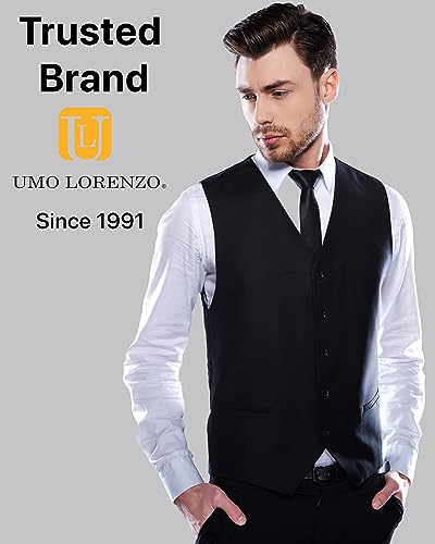 boxed-gifts UMO Lorenzo Men Formal Suit Vest, Polly Twill Vest with Adjustable Waistband. Black, Medium