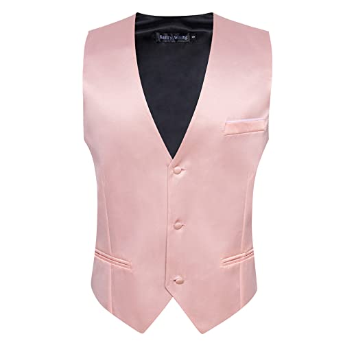 Barry.Wang Mens Pink Satin Suit Vest Formal/Leisure V-neck 2 Pockets Wedding Party Tuxedo Waistcoat