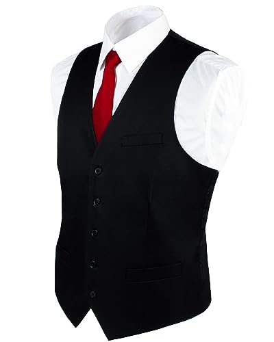 boxed-gifts UMO Lorenzo Men Formal Suit Vest, Polly Twill Vest with Adjustable Waistband. Black, Medium