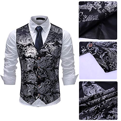 Cloudstyle Mens Single Breasted Vest Dress Vest Slim Fit Button Down Prom Formal Suit Vest Waistcoat,Floral - Silver,Small