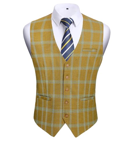 HISDERN Men's Suit Vest Formal Yellow Plaid Dress Waistcoat for Men Business Slim Fit Vests with 3 Pocket Vest for Suits or Tuxedo