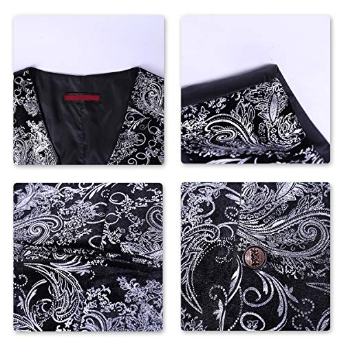 Cloudstyle Mens Single Breasted Vest Dress Vest Slim Fit Button Down Prom Formal Suit Vest Waistcoat,Floral - Silver,Small