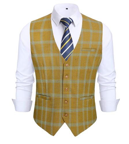 HISDERN Men's Suit Vest Formal Yellow Plaid Dress Waistcoat for Men Business Slim Fit Vests with 3 Pocket Vest for Suits or Tuxedo