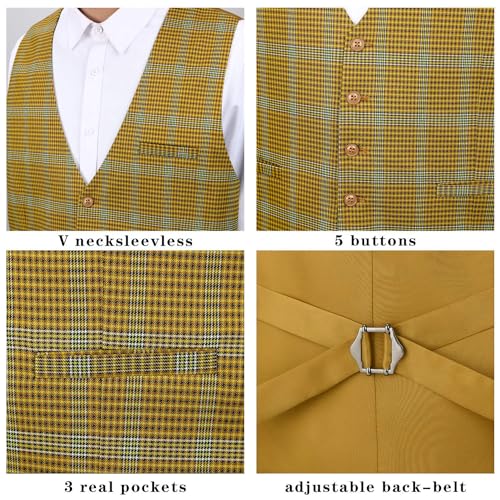 HISDERN Men's Suit Vest Formal Yellow Plaid Dress Waistcoat for Men Business Slim Fit Vests with 3 Pocket Vest for Suits or Tuxedo
