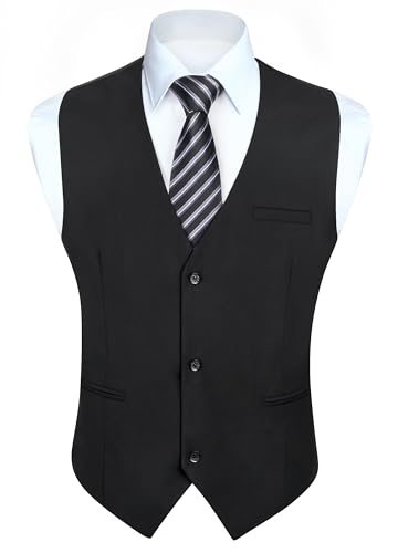 HISDERN Mens Black Vest Casual Business Suit Vests Formal Dress Wedding Waistcoat for Suits or Tuxedo