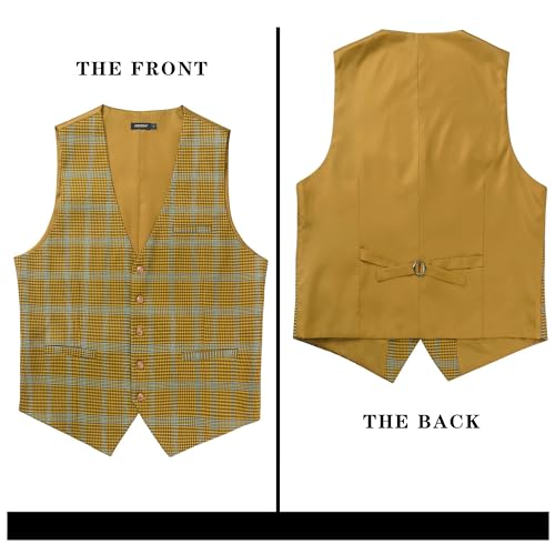 HISDERN Men's Suit Vest Formal Yellow Plaid Dress Waistcoat for Men Business Slim Fit Vests with 3 Pocket Vest for Suits or Tuxedo