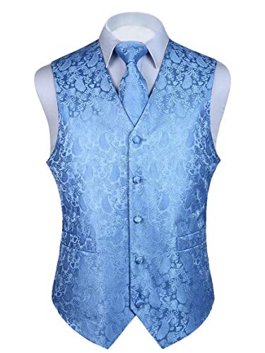 HISDERN 3pc Men's Paisley Floral Jacquard Vest Suit & Necktie and Pocket Square Set Waistcoat for Tuxedo Wedding Party