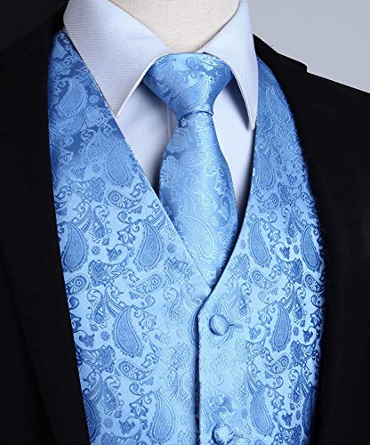 HISDERN 3pc Men's Paisley Floral Jacquard Vest Suit & Necktie and Pocket Square Set Waistcoat for Tuxedo Wedding Party