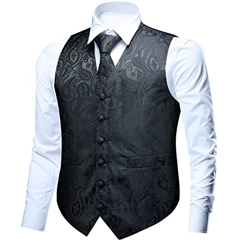 FAIMO Men's Suit Vests, Mens Vests Dress Waistcoat for Suit or Tuxedo, Business Formal Paisley Floral Black Vest for Men +Tie Pocket Square Set