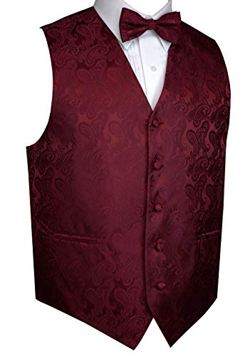 Men's Formal, Prom, Wedding, Tuxedo Vest, Bow-Tie & Hankie Set in Paisley (Burgundy, XL)