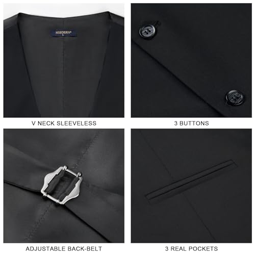 HISDERN Mens Black Vest Casual Business Suit Vests Formal Dress Wedding Waistcoat for Suits or Tuxedo
