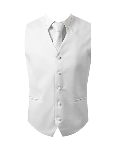 Oliver George 3pc Men's Vest | Vest and Tie Set For Men + Handkerchief | Men's Tuxedo and Suit Vest | Solid Formal Waistcoat | White Large