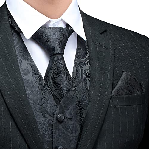 FAIMO Men's Suit Vests, Mens Vests Dress Waistcoat for Suit or Tuxedo, Business Formal Paisley Floral Black Vest for Men +Tie Pocket Square Set