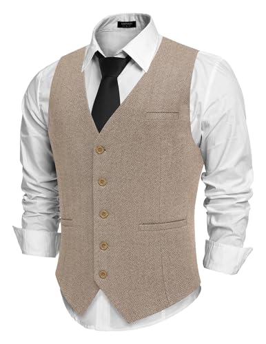 COOFANDY Khaki Vest for Men Formal Suit Vests Slim Fit Vintage Waistcoats