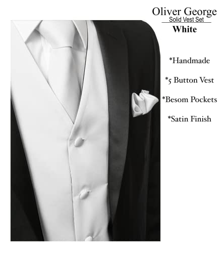 Oliver George 3pc Men's Vest | Vest and Tie Set For Men + Handkerchief | Men's Tuxedo and Suit Vest | Solid Formal Waistcoat | White Large