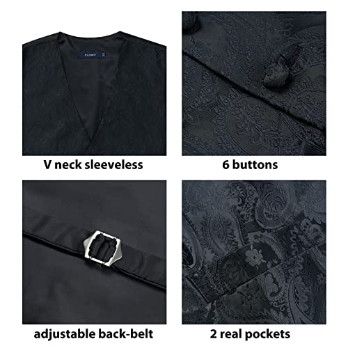 FAIMO Men's Suit Vests, Mens Vests Dress Waistcoat for Suit or Tuxedo, Business Formal Paisley Floral Black Vest for Men +Tie Pocket Square Set