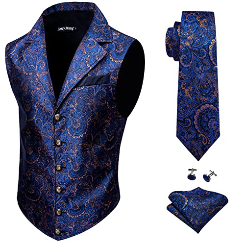 Barry.Wang Mens Silk Victorian Vest Tie Set Tailored Collar Dark Blue Paisley Steampunk Gothic Waistcoat Formal/Leisure