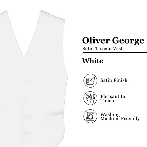 Oliver George 3pc Men's Vest | Vest and Tie Set For Men + Handkerchief | Men's Tuxedo and Suit Vest | Solid Formal Waistcoat | White Large