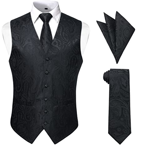 Enlision Mens Black Paisley Vest Classic Floral Jacquard Vests and Necktie Pocket Square Set Formal Dress Waistcoat for Suit or Tuxedo