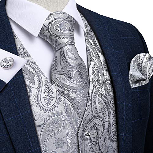 DiBanGu Mens Formal Silver Vest and Bow Tie Sets Waistcoat and Tie Pocket Square Cufflinks Business Party