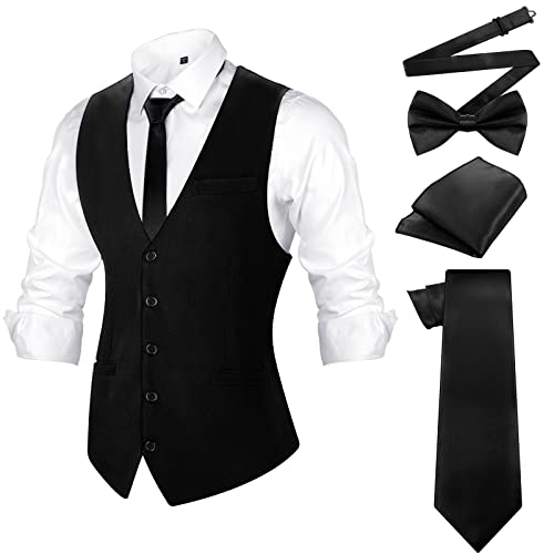 Haysandy Men's Formal Vest Set Business Classic Waistcoat with Necktie Bow Tie and Pocket Square for Tuxedo Wedding Dress (Black, Large)