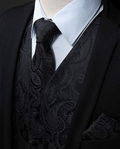 Enlision Mens Black Paisley Vest Classic Floral Jacquard Vests and Necktie Pocket Square Set Formal Dress Waistcoat for Suit or Tuxedo