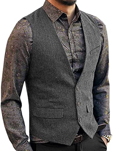 Zeattall Men's Herringbone Tweed Wool Suit Vest Single Breasted Slim Fit Waistcoat Vest(M,Grey)