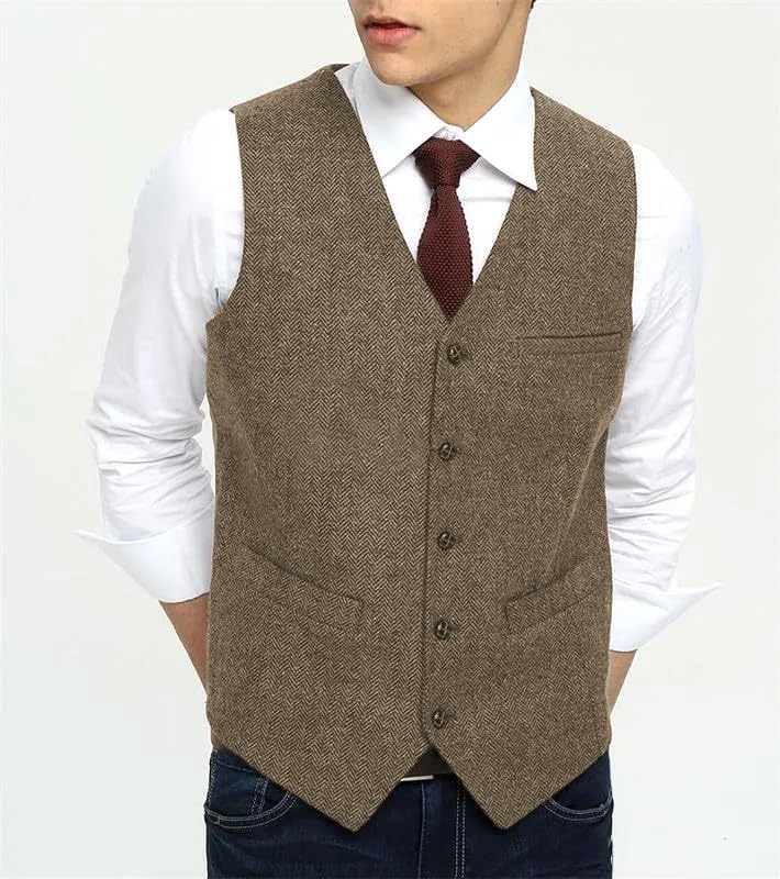 Teukuire Men's V-Neck Suit Vests Slim Fit Casual Business Formal Herringbone Tweed Wool Waistcoat Wedding Groomsmen Suit Vest Light Brown L