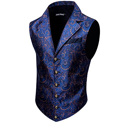 Barry.Wang Mens Silk Victorian Vest Tie Set Tailored Collar Dark Blue Paisley Steampunk Gothic Waistcoat Formal/Leisure