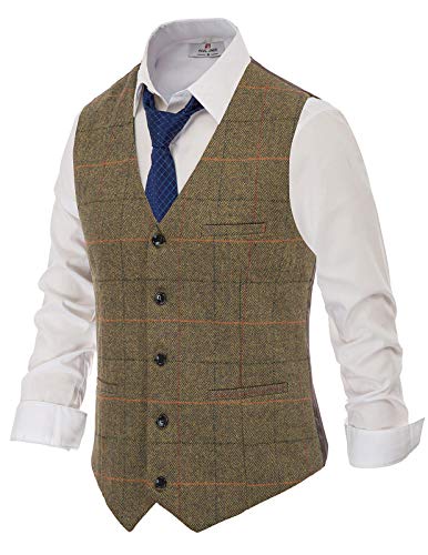 PJ PAUL JONES Mens Suit Vest Formal Grid Pattern Groom Vests Tweed Waistcoat