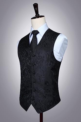 Enlision Mens Black Paisley Vest Classic Floral Jacquard Vests and Necktie Pocket Square Set Formal Dress Waistcoat for Suit or Tuxedo