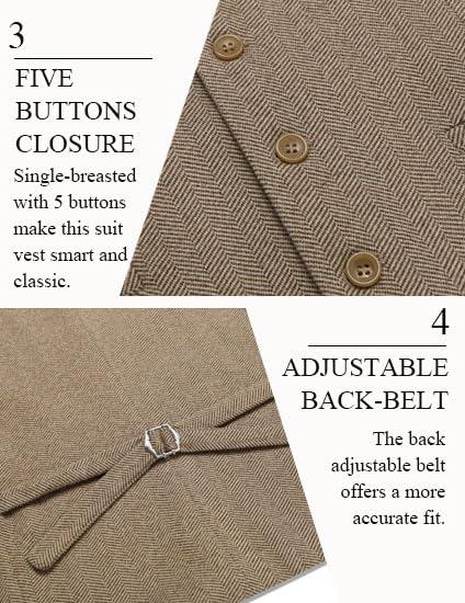 COOFANDY Khaki Vest for Men Formal Suit Vests Slim Fit Vintage Waistcoats