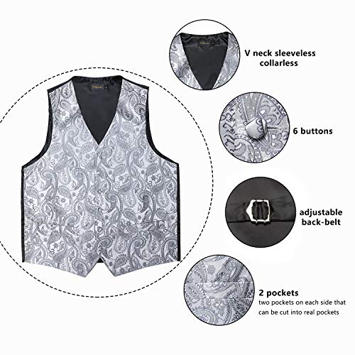 DiBanGu Mens Formal Silver Vest and Bow Tie Sets Waistcoat and Tie Pocket Square Cufflinks Business Party
