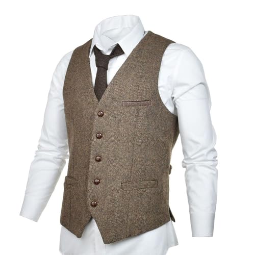 Teukuire Men's V-Neck Suit Vests Slim Fit Casual Business Formal Herringbone Tweed Wool Waistcoat Wedding Groomsmen Suit Vest Light Brown L
