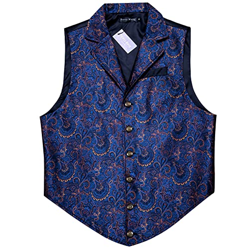 Barry.Wang Mens Silk Victorian Vest Tie Set Tailored Collar Dark Blue Paisley Steampunk Gothic Waistcoat Formal/Leisure