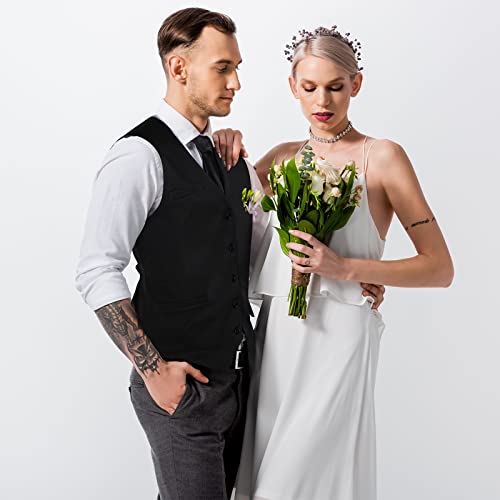 Haysandy Men's Formal Vest Set Business Classic Waistcoat with Necktie Bow Tie and Pocket Square for Tuxedo Wedding Dress (Black, Large)