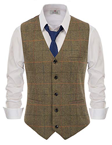 PJ PAUL JONES Mens Suit Vest Formal Grid Pattern Groom Vests Tweed Waistcoat