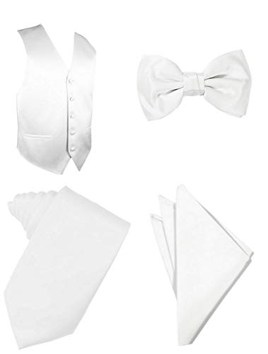 Oliver George 4pc Men's Vest | Vest and Tie Set For Men + Bow Tie + Handkerchief | Men's Tuxedo and Suit Vest | Solid Formal Waistcoat | White Large