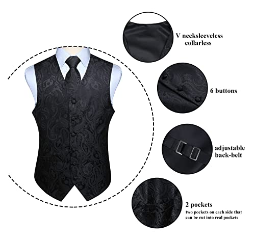 Enlision Mens Black Paisley Vest Classic Floral Jacquard Vests and Necktie Pocket Square Set Formal Dress Waistcoat for Suit or Tuxedo